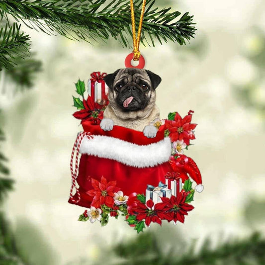 Pug In Gift Bag - Dog Ornament (Printed On Both Sides) 1122