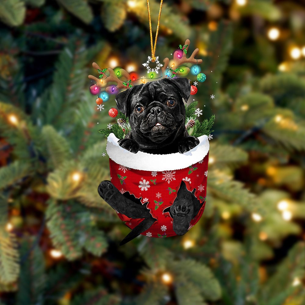 Black Pug In Snow Pocket - Dog Ornament (Printed On Both Sides) 1122