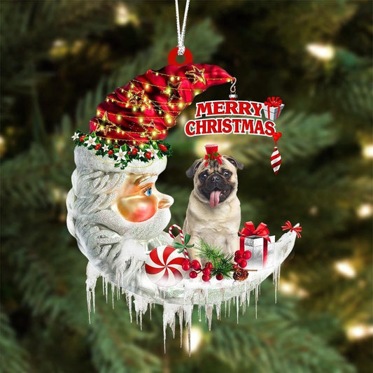 Pug On The Moon Merry Christmas - Dog Ornament (Printed On Both Sides) 1122
