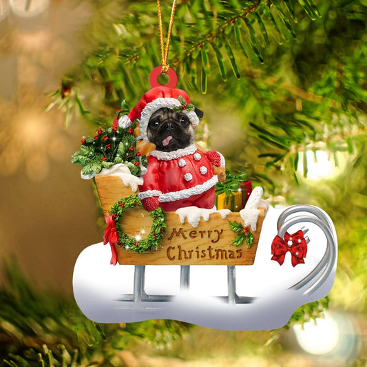 Pug Sitting On A Cute Sleigh - Dog Ornament (Printed On Both Sides) 1122