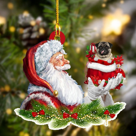 Santa And Pug In Gift Bag - Dog Ornament (Printed On Both Sides) 1122