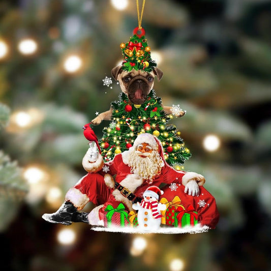 Pug And Santa Christmas Tree - Dog Ornament (Printed On Both Sides) 1122