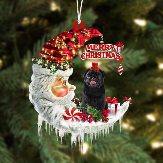 Black Pug On The Moon Merry Christmas - Dog Ornament (Printed On Both Sides) 1122