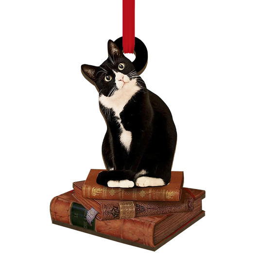 Tuxedo Cat With Books - Cat Ornament (Printed On Both Sides) 1122