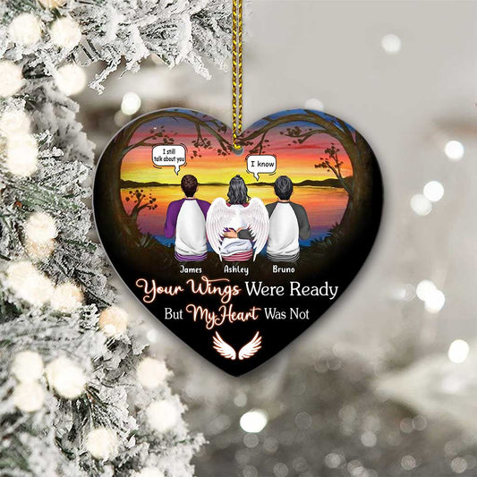 Your Wings Were Ready But My Heart Was Not I Miss You - Personalized Memorial Heart Aluminium Ornament (Printed On Both Sides)