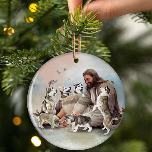 Jesus Surrounded By Huskies - Dog Ornament (Printed On Both Sides) 1022